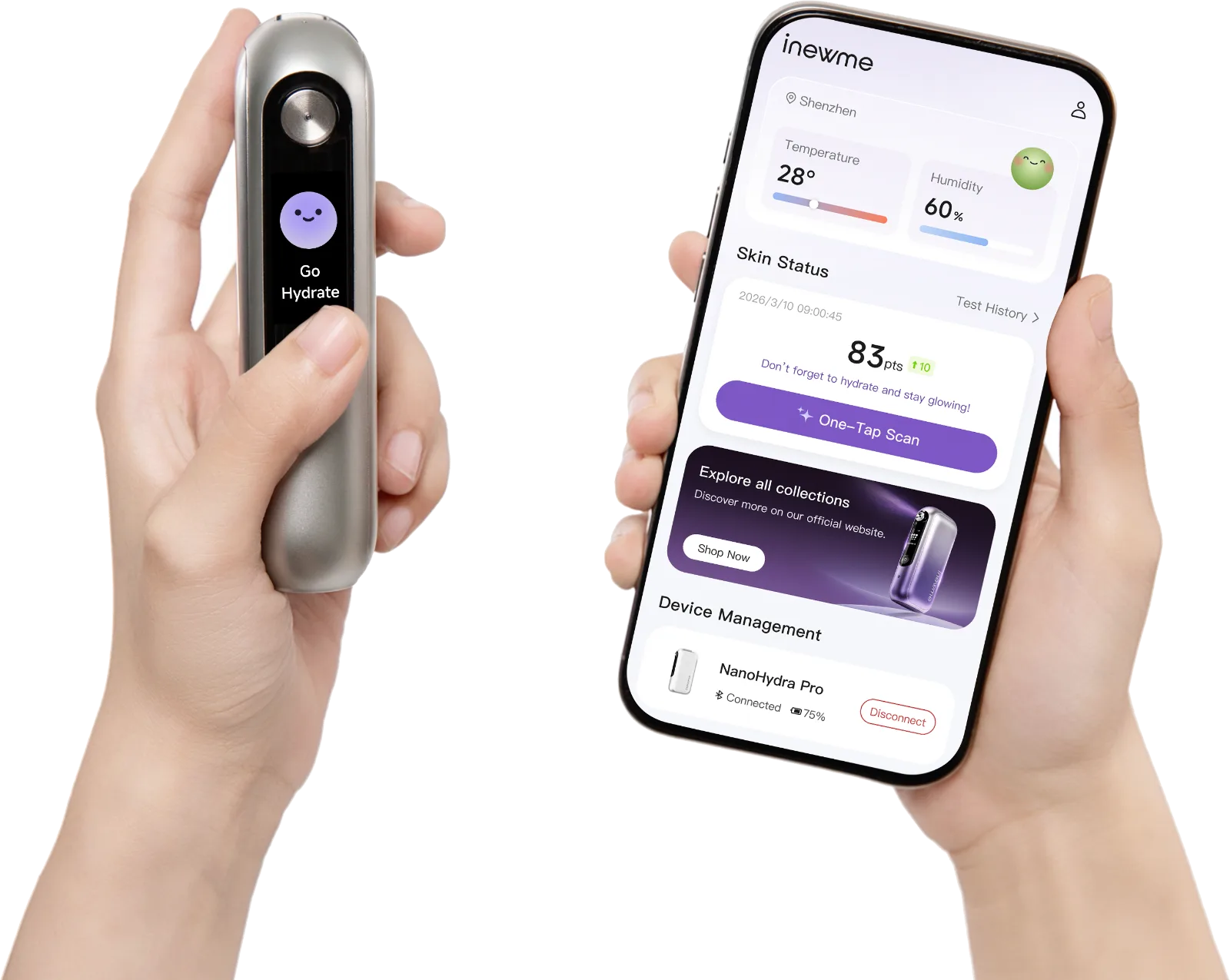 inewme app screens — moisture scan, hydration history, skincare collection