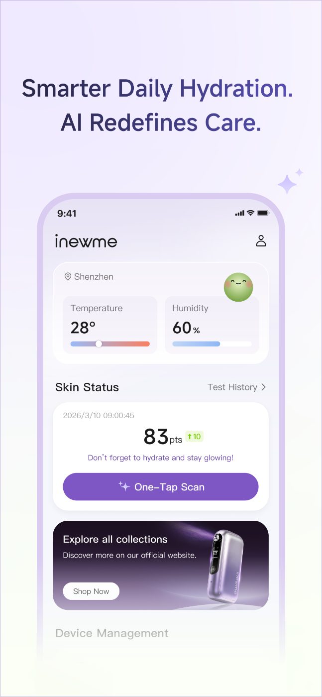 inewme app — home dashboard with skin score and weather