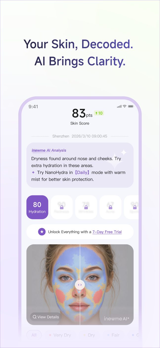 inewme app — AI skin analysis report with hydration map