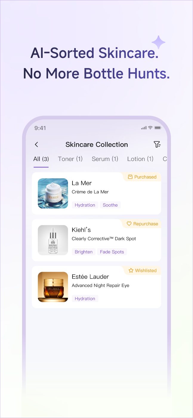 inewme app — AI-sorted skincare collection