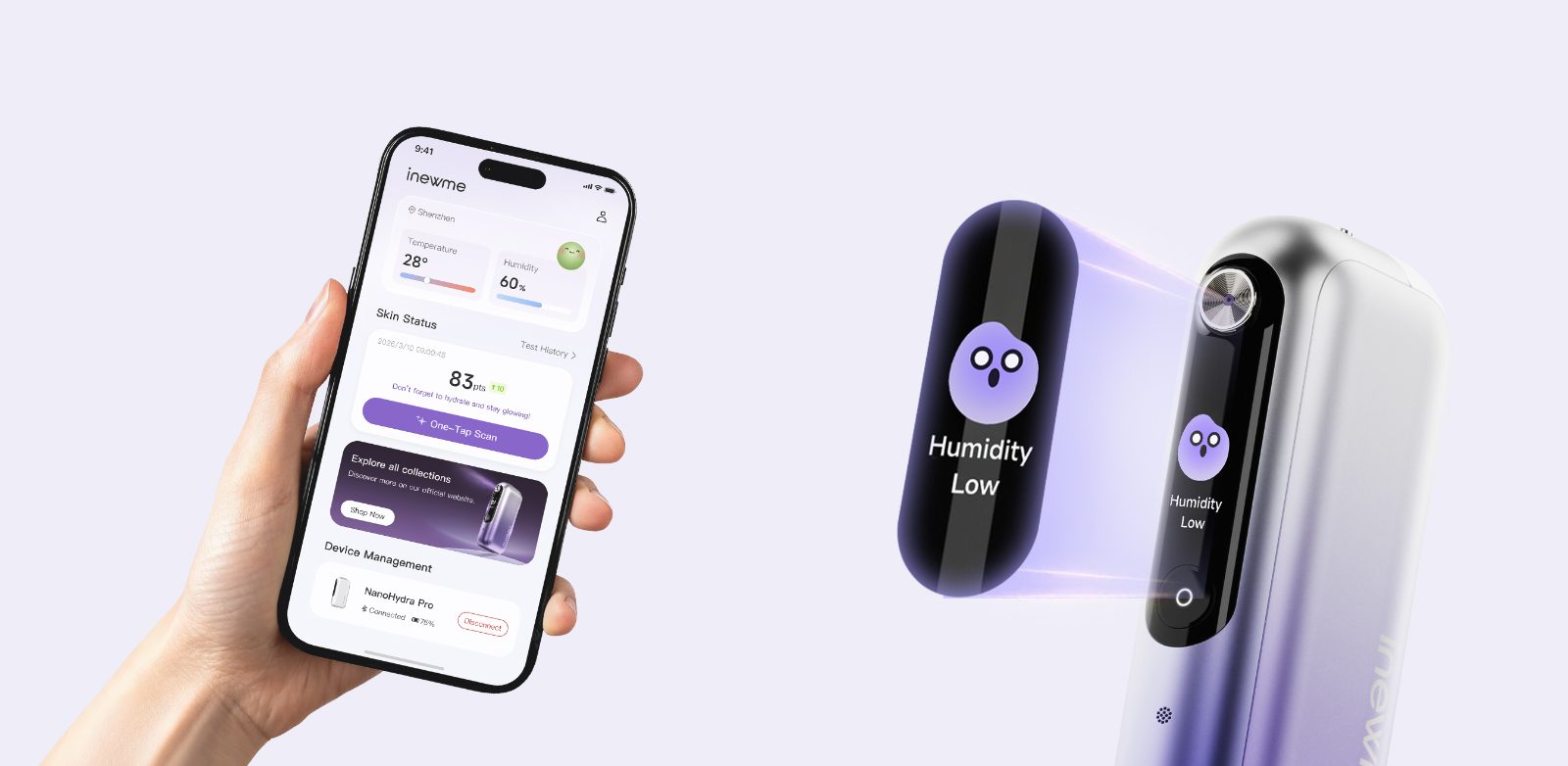 inewme app syncing with NanoHydra Pro — real-time humidity alerts on phone and device