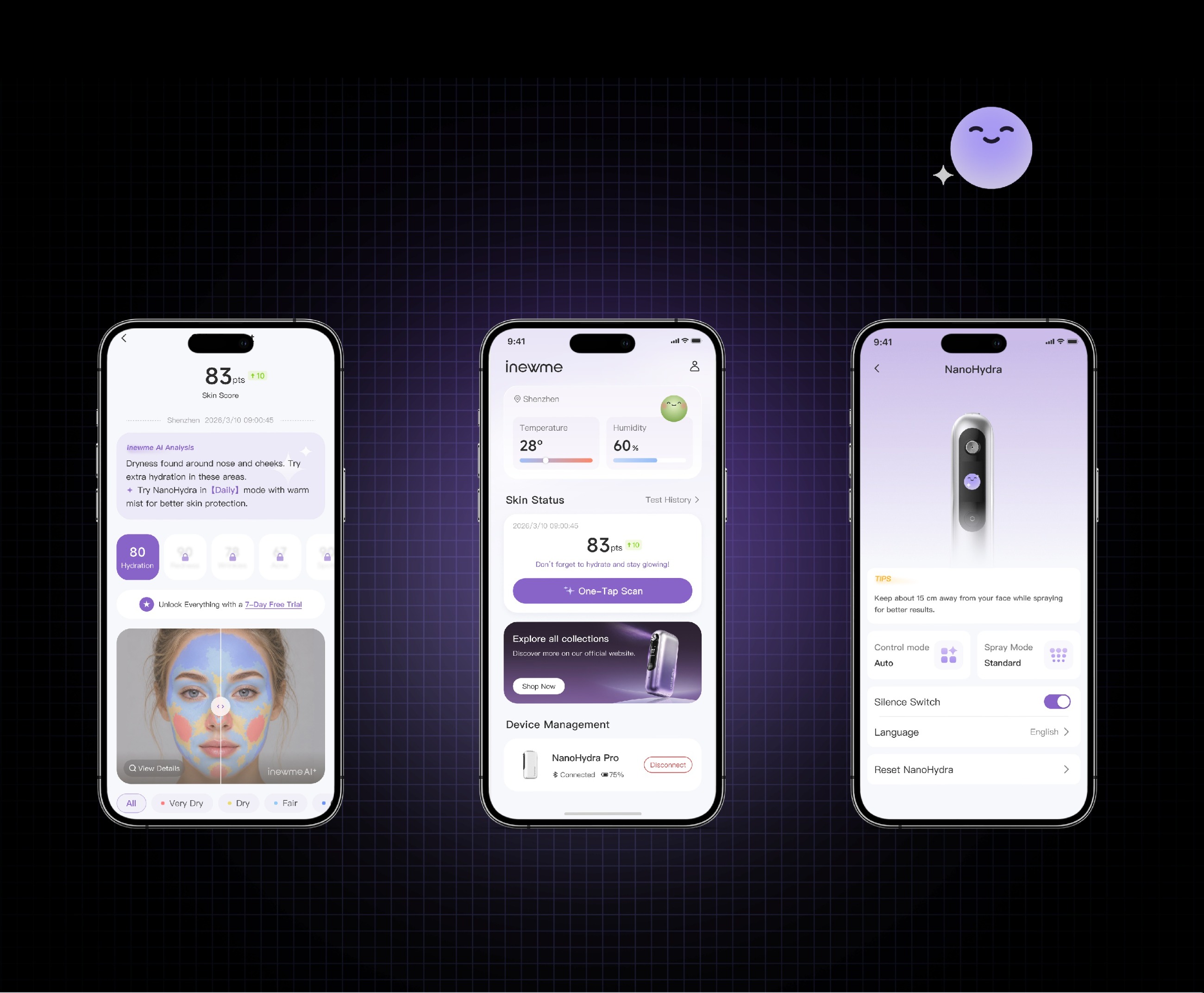 inewme app — Moisture Scan Report, Hydration History and NanoHydra control screens