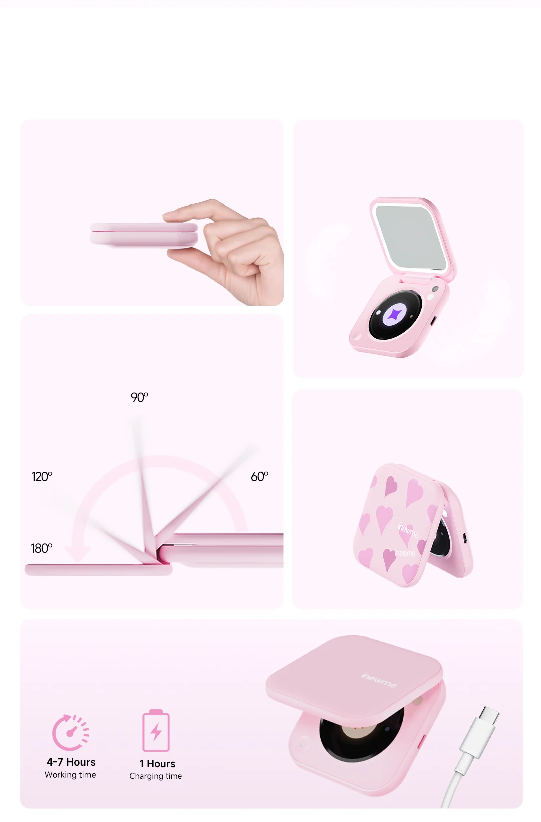 180-degree free-stop hinge, 4 to 7 hours working time and 1 hour charging