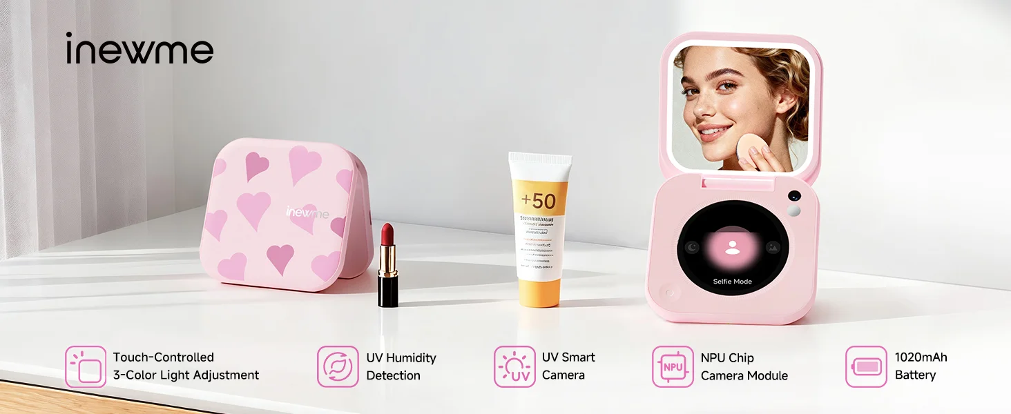 Aura Mirror Core features — touch-controlled 3-color light, UV humidity detection, UV smart camera, NPU chip module and 1020mAh battery