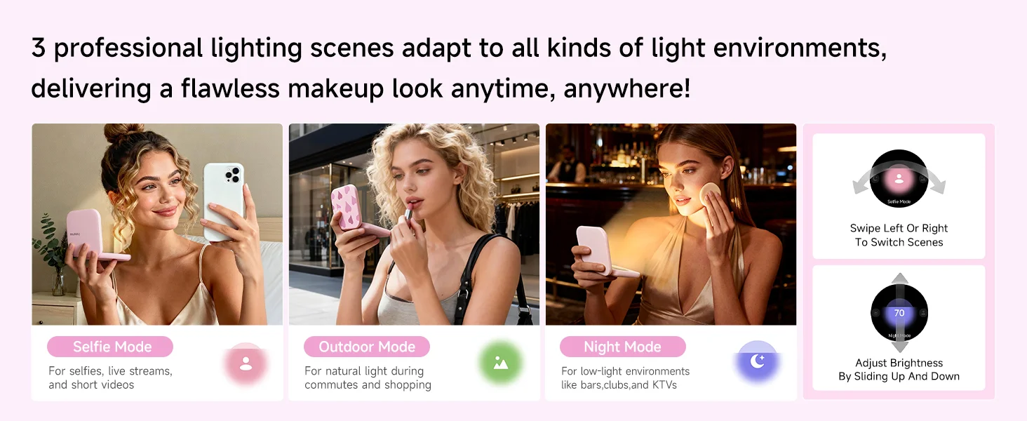 Three professional lighting scenes — Selfie, Outdoor and Night modes for any environment
