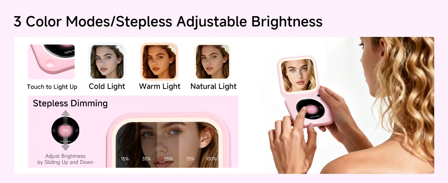 Three color modes and stepless adjustable brightness — cold, warm and natural light