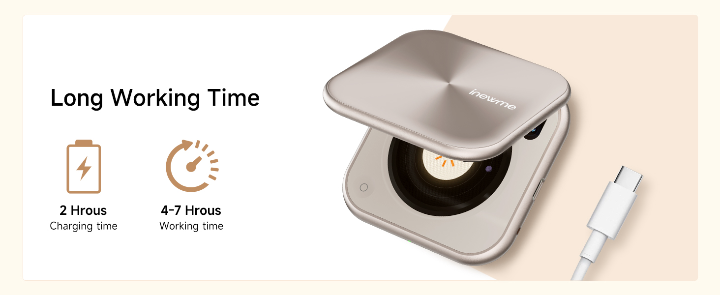 Long working time — 2 hour charge, 4-7 hours of use