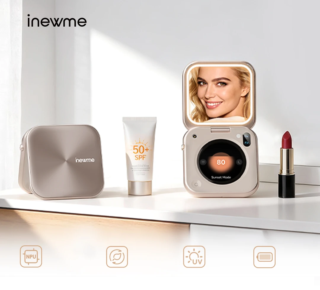 Aura Mirror gift set on a vanity — NPU chip, humidity detection, UV sensing and long battery life