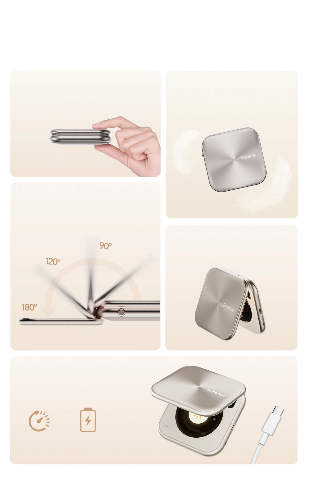 Lightweight and portable — 19mm thin, 135g, 180-degree hinge, 4 to 7 hours working time