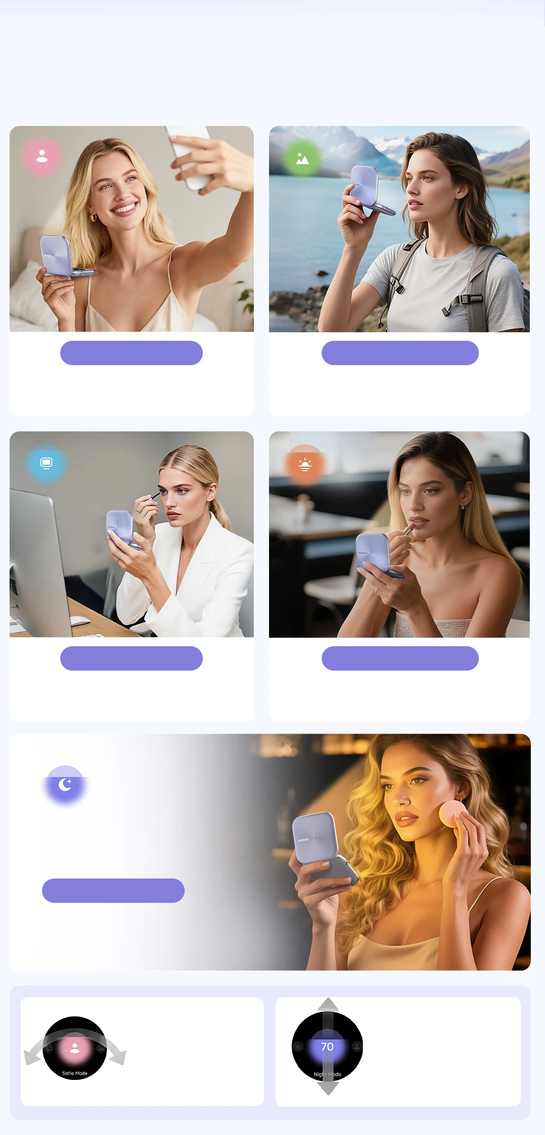 Five professional lighting scenes — Selfie, Outdoor, Office, Sunset and Night modes