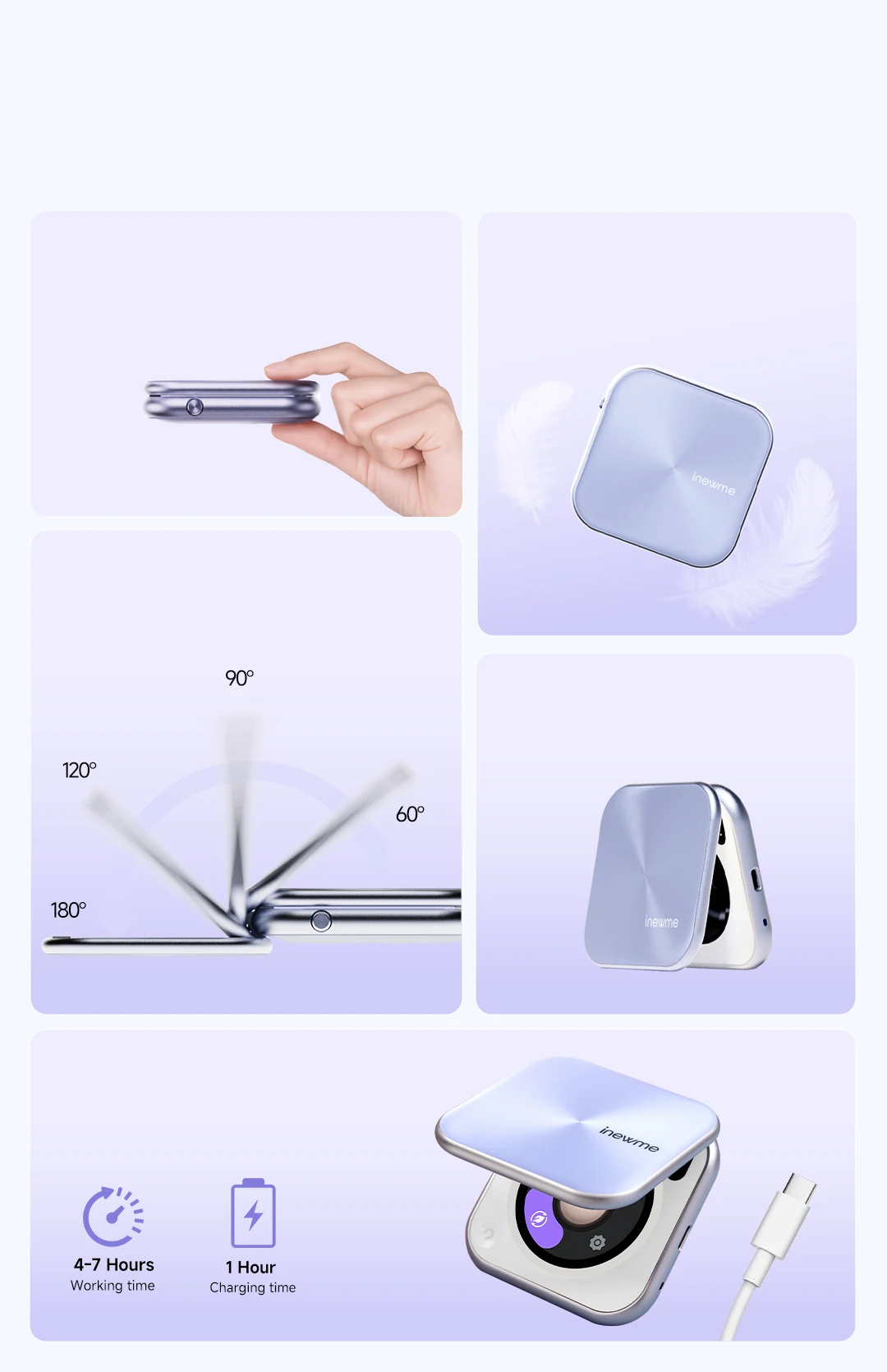 19mm thin, 134.5g light, 180-degree free-stop hinge, 4 to 7 hours working time
